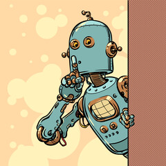 Pop Art Retro A robot shows a sign to be quiet. Secrets of AI and personal data theft. Business automation technologies.