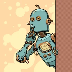 Pop Art Retro A robot shows a sign to be quiet. Secrets of AI and personal data theft. Business automation technologies. © studiostoks