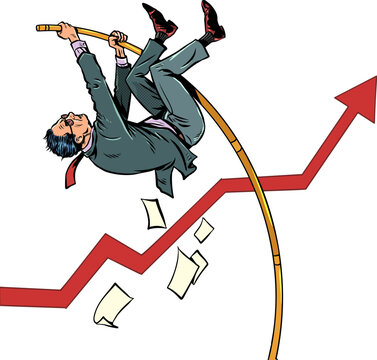 Pop Art Retro The businessman and the charts are soaring. The business analyst makes a successful forecast. The company's shares are on the rise.