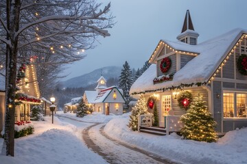 Fototapeta premium Charming snow covered village street illuminated by festive holiday lights