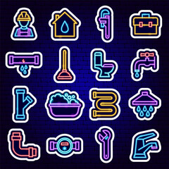 Plumbing Neon Stickers. Vector Illustration of Bright Plumber Signs in Modern Glowing Style. Led Lamp Pipe, Faucet, Wrench, Toilet, Sink Symbols. 