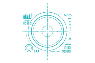 Futuristic target interface design with a precise crosshair, displaying digital data and head-up display elements. Transparent background