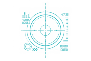 Futuristic target interface design with a precise crosshair, displaying digital data and head-up display elements. Transparent background