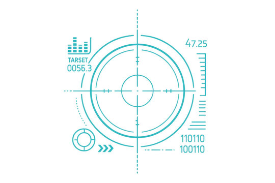 Futuristic target interface design with a precise crosshair, displaying digital data and head-up display elements. Transparent background