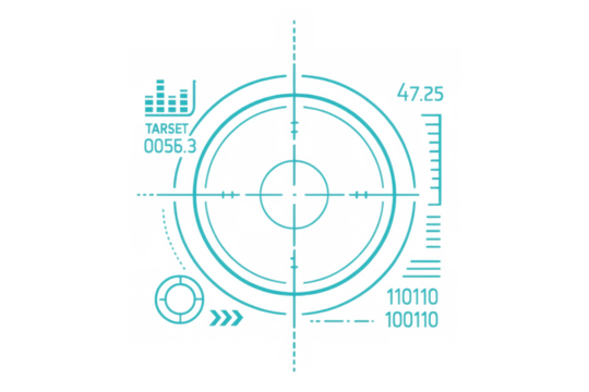 Futuristic target interface design with a precise crosshair, displaying digital data and head-up display elements. Transparent background - Powered by Adobe