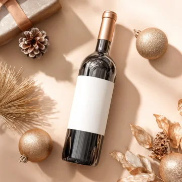 Luxury Flat Lay with Festive Wine Bottle and Gold Accents