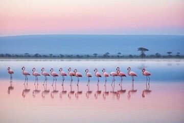 Fototapeta premium Flamingos stehen in perfekter Formation vor dem Kilimandscharo, spiegeln sich im Wasser