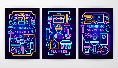 Plumbing Service Flyer Concepts. Vector Illustration of Bright Plumber Signs in Modern Glowing Style. Promotional Poster Concept. Led Lamp Pipe, Faucet, Wrench, Toilet over Dark Brick Blue Background