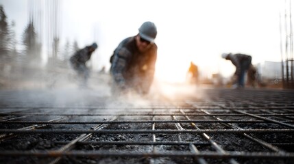 Obraz premium Construction workers install rebar mesh on site before concrete pour at sunrise