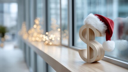 A wooden dollar sign wearing a Santa hat sits on a window sill, surrounded by festive lights. Perfect representation of holiday spending and money management ideas for the season