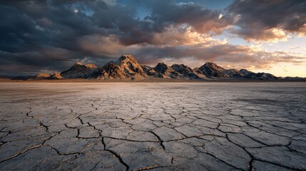 Dramatic sunset illuminates cracked desert landscape with rugged mountains under a stormy sky