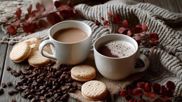 Two cups of coffee with shortbread cookies on a rustic wooden table, scattered coffee beans and red leaves for a cozy, autumn scene.