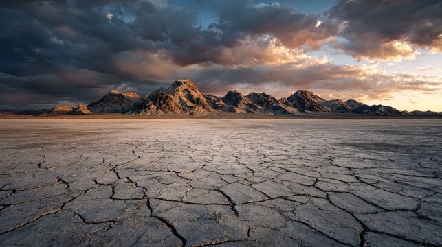 Dramatic sunset illuminates cracked desert landscape with rugged mountains under a stormy sky - Powered by Adobe