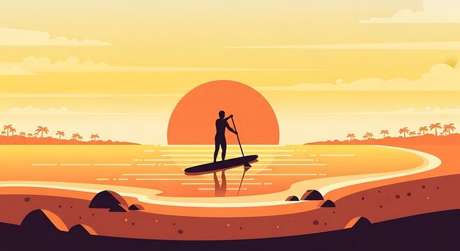 Sunset Paddleboarding Tropical Beach. (2) - Powered by Adobe