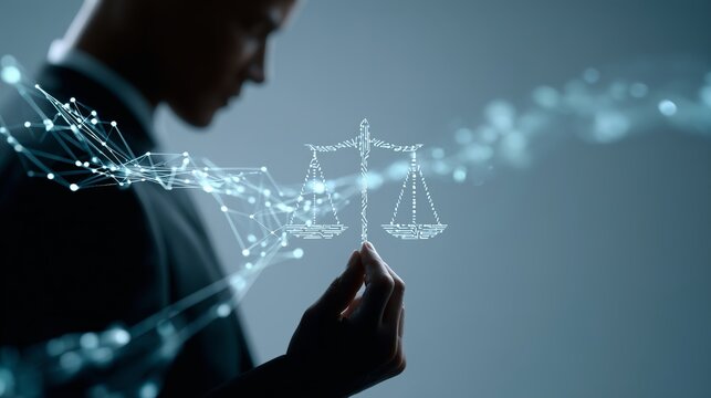 A person in formal attire contemplates the balance of justice as a digital representation of legal scales hovers in the air, symbolizing AI's role in modern courts and ethical concerns