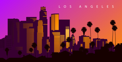Los Angeles skyline at sunset. Creative illustration. California, USA
