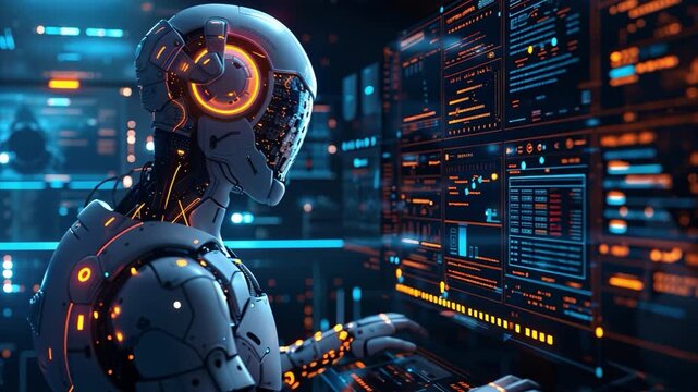 A robot, equipped with bright lights and sleek design, engages with digital screens displaying data. This scene takes place in a high-tech lab, showcasing advanced technology