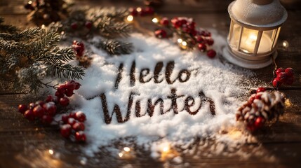 Snow covers a wooden surface, with the words Hello Winter written in it. Surrounding decorations include pine branches, berries, and a lantern, creating a warm winter scene