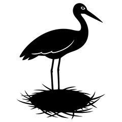 A minimalist silhouette of a stork with its head tilted down into a nest, as if tending to eggs or chicks.