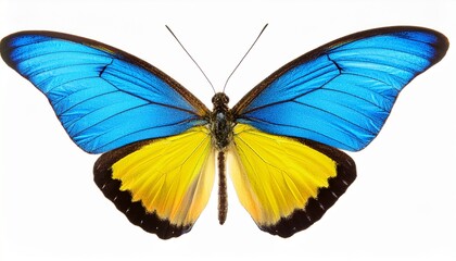 Obraz premium very beautiful light blue yellow butterfly with spread wings isolated on a white background