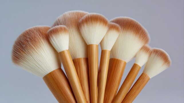 Group of makeup brushes arranged in a fan-like shape. the brushes have wooden handles and white bristles. the bristles are soft and fluffy, and the handles are made of a light-colored wood.
