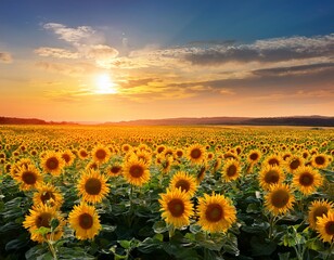 Fototapeta premium evening sun dawn sunflowers growing on the agricultural field