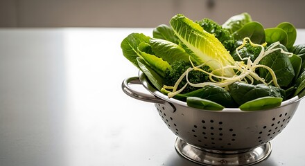 Fresh baby spinach in a metal colander on a countertop