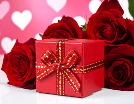 A red gift box with a golden ribbon in front of red roses - Powered by Adobe