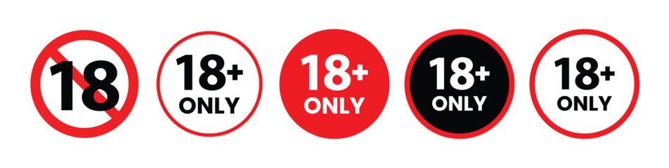 18 plus only icon. Age limit under 18 years old is forbidden circle sign symbol vector illustration. Under 18 sign in on white background. Over 18 only censored. Eighteen age older forbidden.