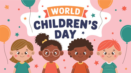Vector art of happy world childrens day celebration with diverse group of cute cartoon kids and colorful balloons on a pink background with festive decorations and stars