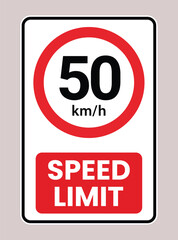 Speed limit 50 mph road sign vector illustration. Traffic regulation and safety symbol for street and highway. Driving law icon. Maximum speed transportation concept.
