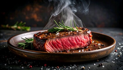 Deliciously Juicy Grilled Steak with Fresh Rosemary and Sea Salt, Steaming Hot