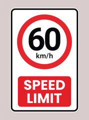 Speed limit 60 mph road sign vector illustration. Traffic regulation and safety symbol for street and highway. Driving law icon. Maximum speed transportation concept.