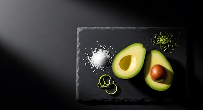 Fresh avocado halves with salt and lime zest on dark slate