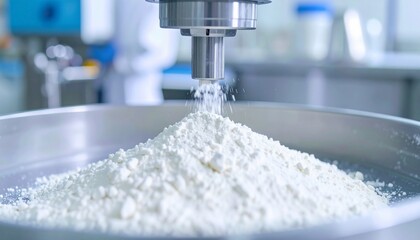 A close-up view of a machine dispensing a fine white powder into a large metal bowl in a clean, industrial environment.