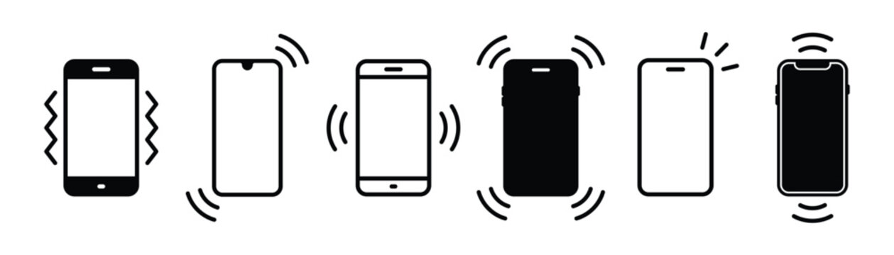 Set of vibration and ringing phone vector icons. Signal on smartphone. Ringing and vibrating smartphone icons. Incoming notification.