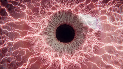 AI eye emitting neon spirals of thought, symbolizing intelligence, digital consciousness, and the dynamic flow of futuristic ideas and information