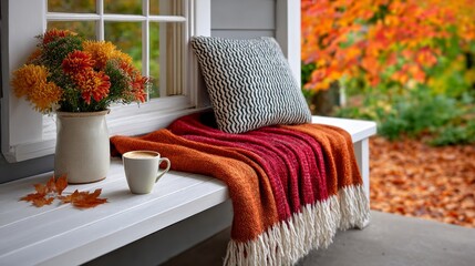 Cozy outdoor seating area with a white bench and a red and orange blanket draped over it. A white vase filled with yellow and orange flowers sits on the bench, adding a touch of warmth