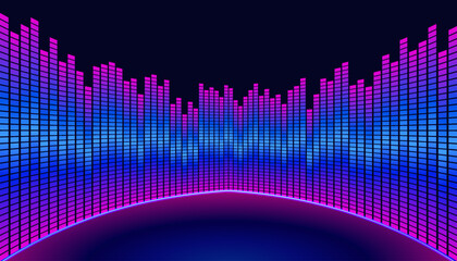 Futuristic digital music equalizer or sound wave visualization with glowing vertical bars in blue and magenta gradients vibrant, creating a dynamic, curved effect suggestive of a stage, studio.