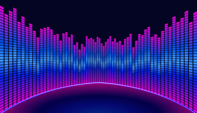 Futuristic digital music equalizer or sound wave visualization with glowing vertical bars in blue and magenta gradients vibrant, creating a dynamic, curved effect suggestive of a stage, studio.