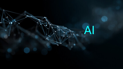 AI neural network. Glowing nodes and connections illustrate artificial intelligence, big data processing, machine learning, and modern technology networks in dynamic 3D visualization