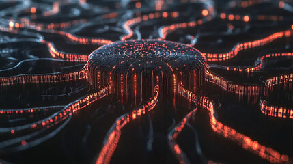 AI neural network. Glowing nodes and connections illustrate artificial intelligence, big data processing, machine learning, and modern technology networks in dynamic 3D visualization