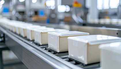A production line filled with neatly arranged white boxes, indicating an automated manufacturing process in a well-lit industrial setting.