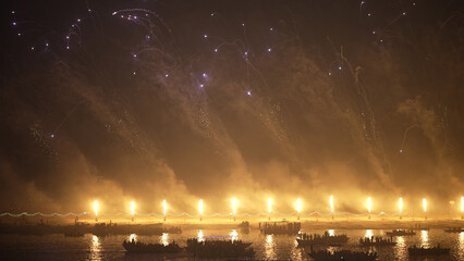 Golden diyas illuminate the ghats of the Ganga River during Dev Deepawali in Varanasi