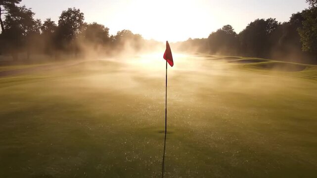Golf course green flagstick misty morning sunrise golden light