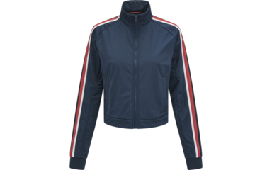 Stylish navy track jacket featuring bold red and white stripe accents on sleeves and collar for a retro athletic vibe