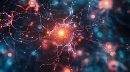 AI neural network. Glowing nodes and connections illustrate artificial intelligence, big data processing, machine learning, and modern technology networks in dynamic 3D visualization