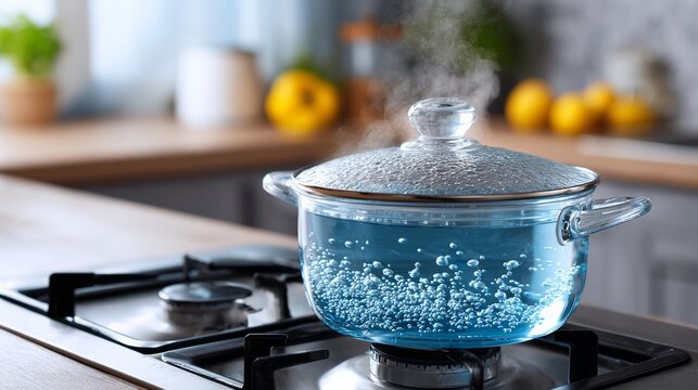 Pot of water is boiling on a stove. The steam coming from the pot is rising and filling the kitchen