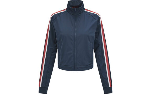 Stylish navy track jacket featuring bold red and white stripe accents on sleeves and collar for a retro athletic vibe