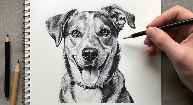Closeup shot of a hand drawing a detailed portrait of a dog with a pencil on a white paper, showcasing the artists skill and the beauty of the canine subject